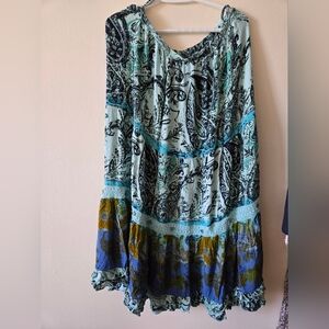 Forbidden Los Angeles L Blue & Green Bohemian Paisley Print Dress With Crochet